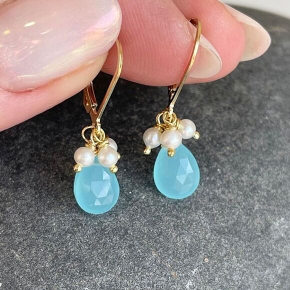 NEW 14k Aqua Blue and Freshwater Pearl Earrings - Picture 5 of 7